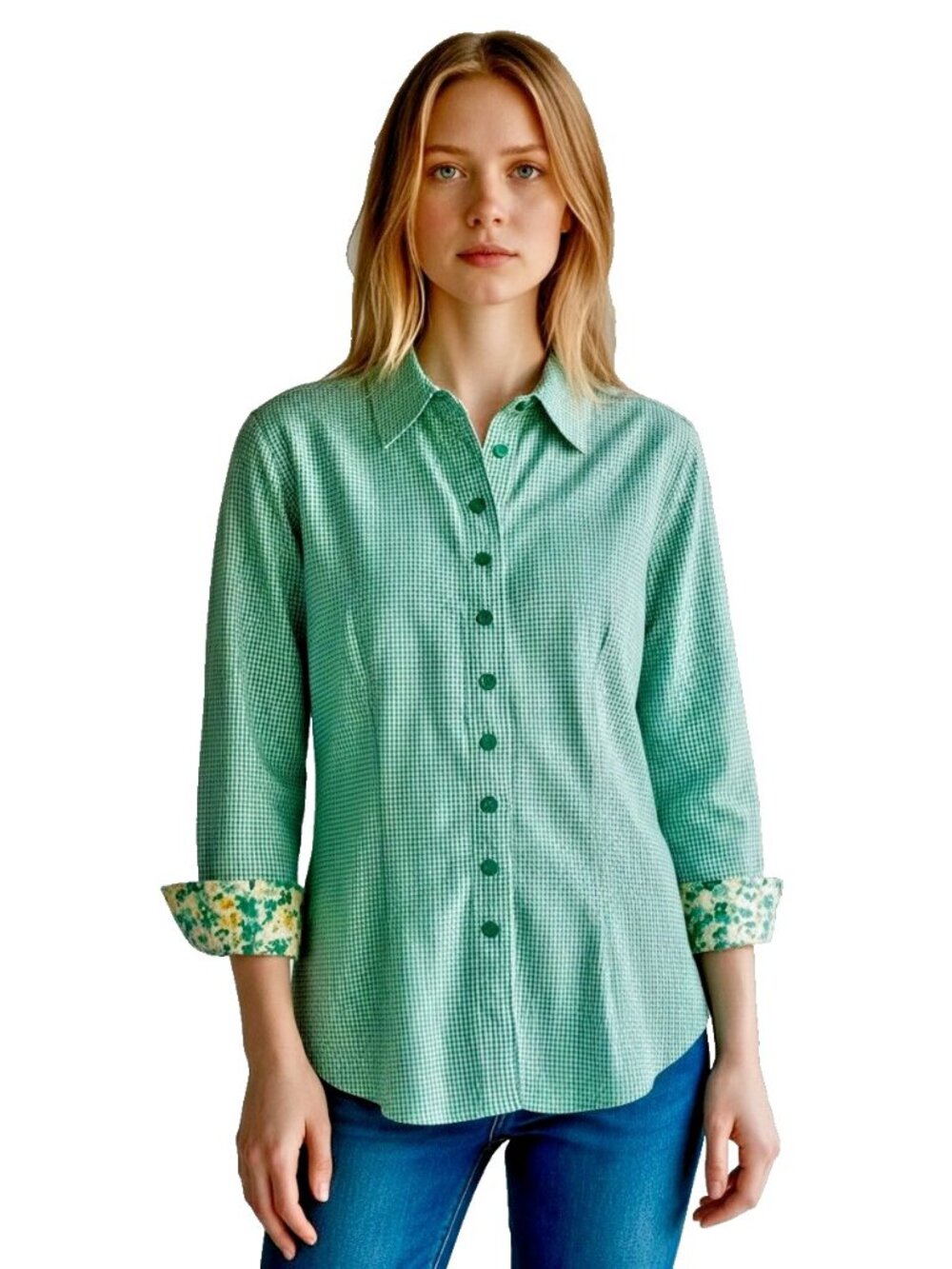 Denim & Co Seersucker Gingham Shirt Large Green 3/4 Sleeve Floral Trim Stretch